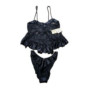 Delicates Lingerie Set Womens Small Black Vintage Lace Ruffle Camisole Panty